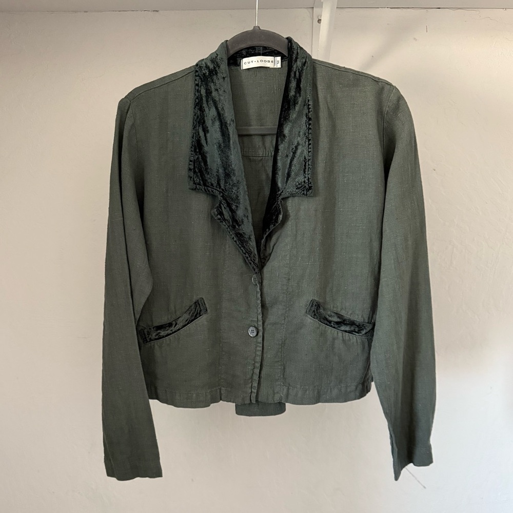 1990s Vintage Gray-Green Cut Loose Cropped Linen Jacket with Velvet Trim